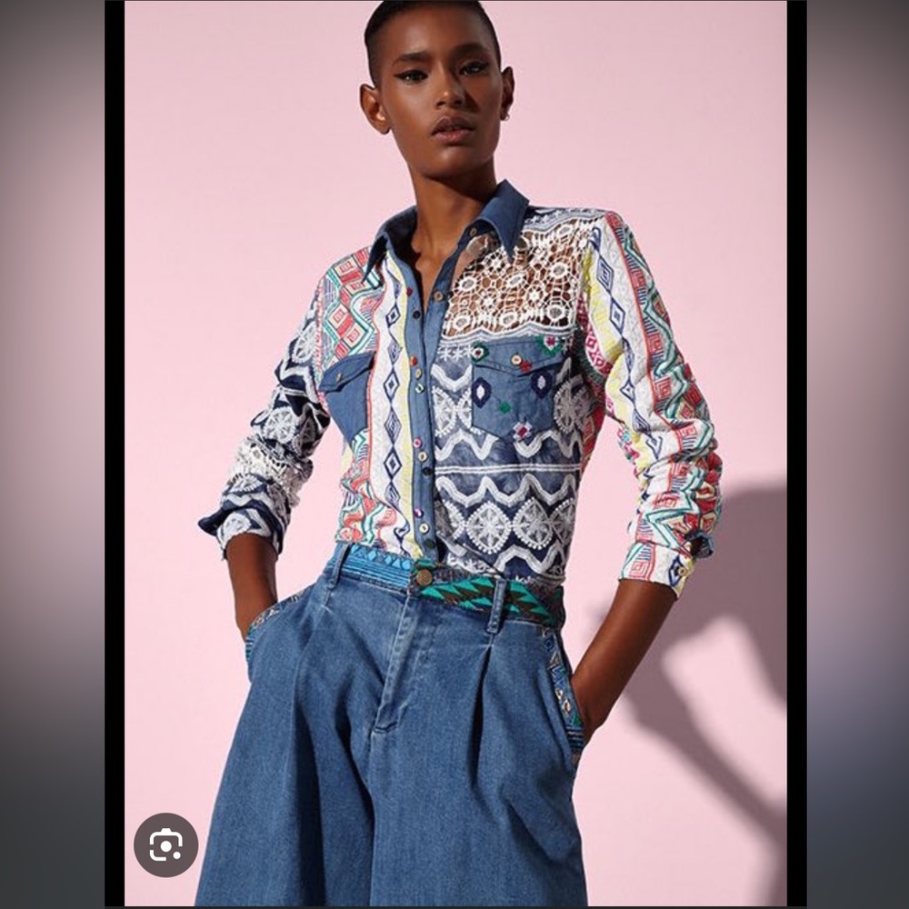 Desigual Mauricia Embroidered Chambray Button Up Shirt